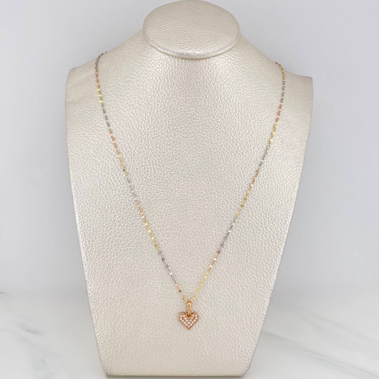 Mirror Flower Chain Set + Heart Pendant / 1.95gr / 17 3/4 in Three 18K Golds