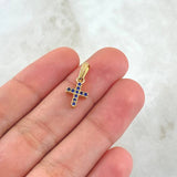 Dije Cruz Doble 1gr / 2.3cm / Circones Azul Y Blancos Oro Amarillo 18K ©