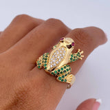 Frog Ring 7gr / Size 8 3/4 / Fuchsia, Green, White Zircons Yellow Gold 18K $