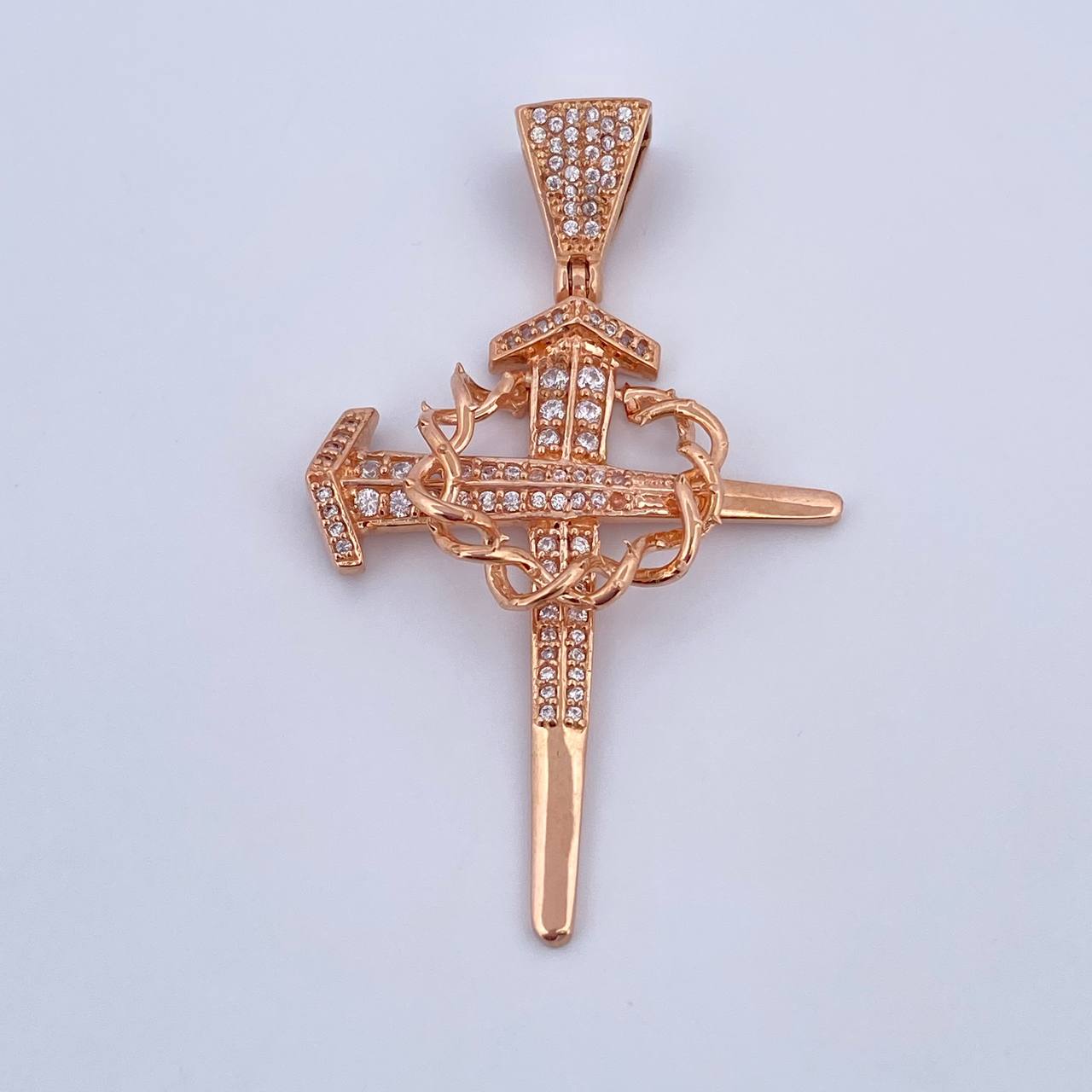 Dije Cruz Clavo Corona Espinas 9.3gr / 5.5cm / Circones Blancos Oro Rosa 18K $
