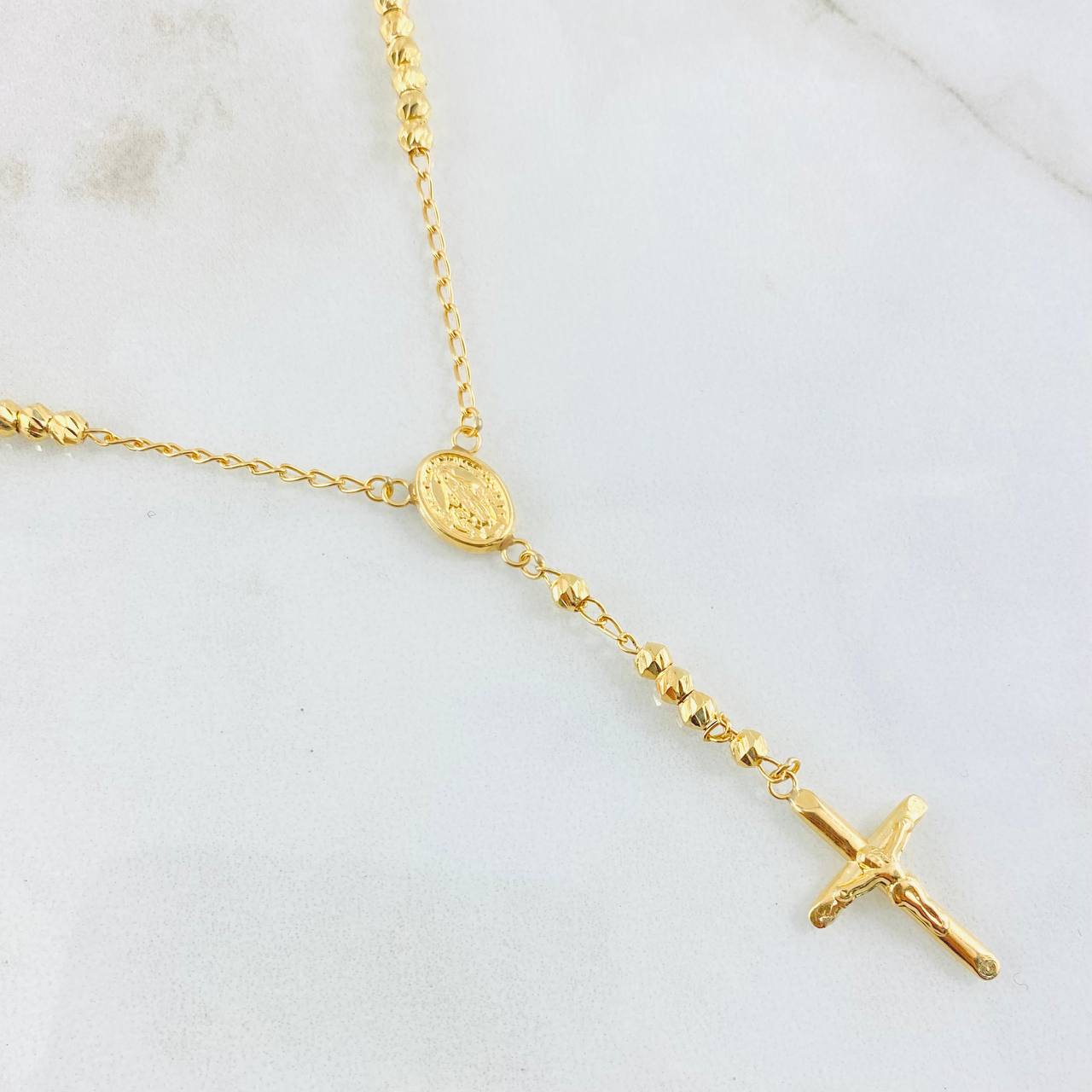 Rosario Virgen Milagrosa Cruz Cristo 5.7gr / 17 3/4 in / 3mm Oro Amarillo 18K