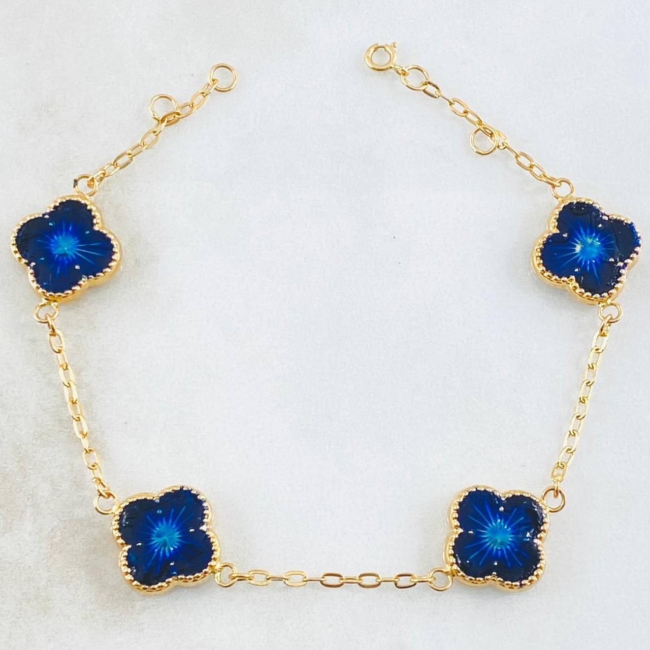 Pulso Trebol Azul 4.9gr / 7 3/4 in / 12mm Oro Amarillo 18K