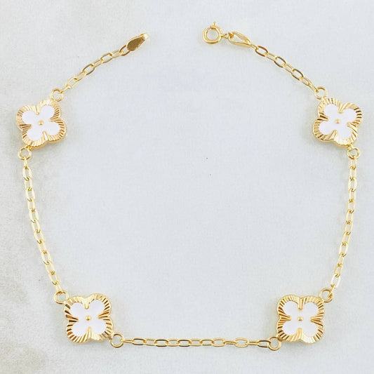 Pulso Trebol Blanco 3gr / 7 3/4 in / 9mm Oro Amarillo 18K *