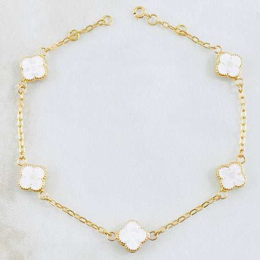 Pulso Trebol Blanco 3.4gr / 8 1/2 in / 8mm Oro Amarillo 18K *