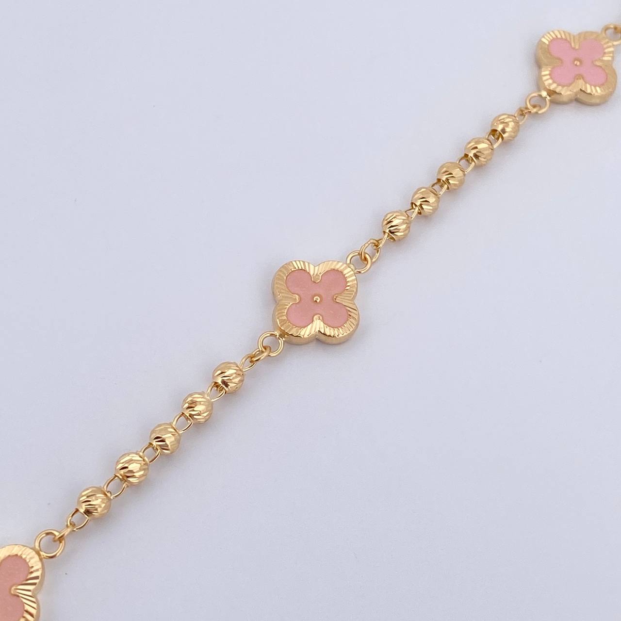 Pulso Trebol Militar 4.7gr / 18.7cm / 3mm Bolas Diamantadas Electroestatico Rosado Oro Amarillo 18K &