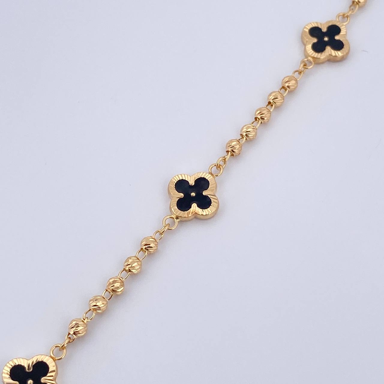 Bracelet Military Trebol 4.6gr / 18.7cm / 3mm Beads Diamond Cut Electrostatic Black Yellow Gold 18K &
