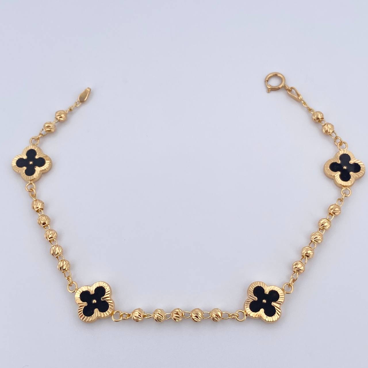 Bracelet Military Trebol 4.6gr / 18.7cm / 3mm Beads Diamond Cut Electrostatic Black Yellow Gold 18K &