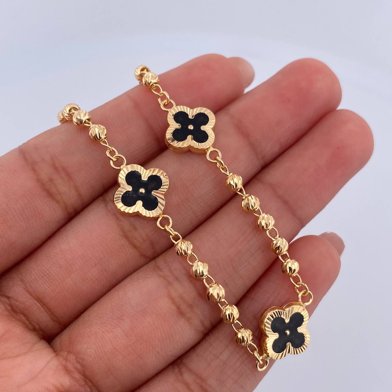 Bracelet Military Trebol 4.6gr / 18.7cm / 3mm Beads Diamond Cut Electrostatic Black Yellow Gold 18K &