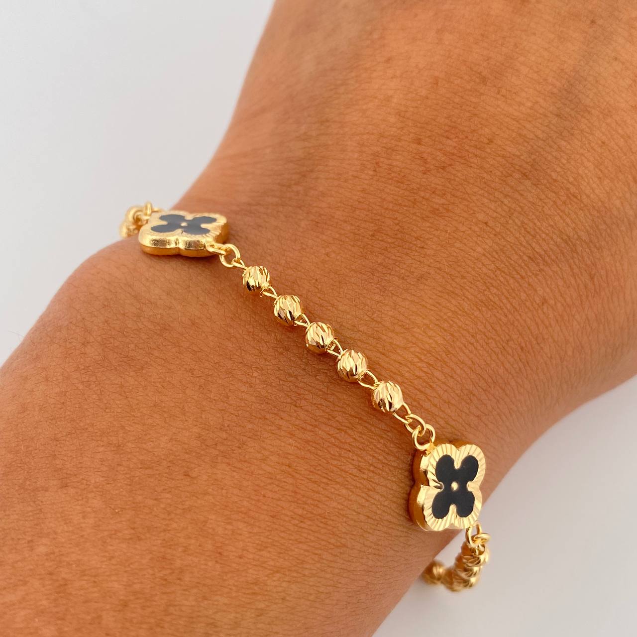 Bracelet Military Trebol 4.6gr / 18.7cm / 3mm Beads Diamond Cut Electrostatic Black Yellow Gold 18K &
