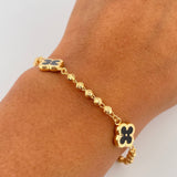 Bracelet Military Trebol 4.6gr / 18.7cm / 3mm Beads Diamond Cut Electrostatic Black Yellow Gold 18K &