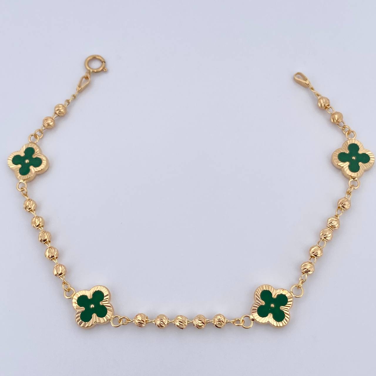 Pulso Trebol Militar 4.5gr / 19cm / 3mm Bolas Diamantadas Electroestatico Verde Oro Amarillo 18K &