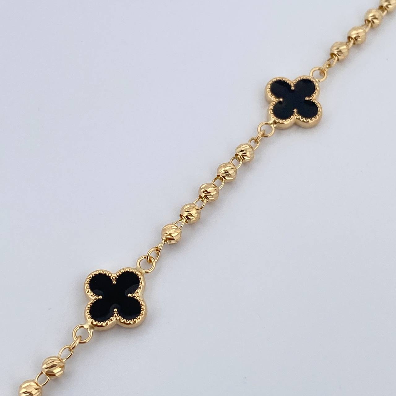 Bracelet Military Clover 4.25gr / 18.7cm / 3mm Beads Diamond Cut Electrostatic Black Yellow Gold 18K &