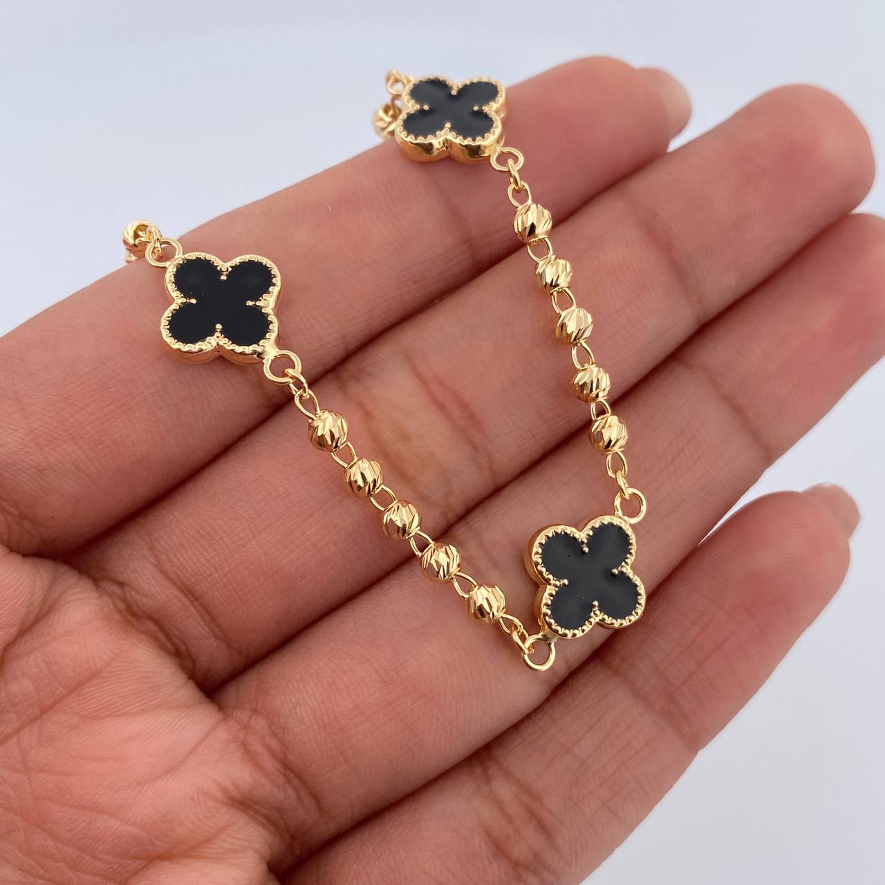 Bracelet Military Clover 4.25gr / 18.7cm / 3mm Beads Diamond Cut Electrostatic Black Yellow Gold 18K &
