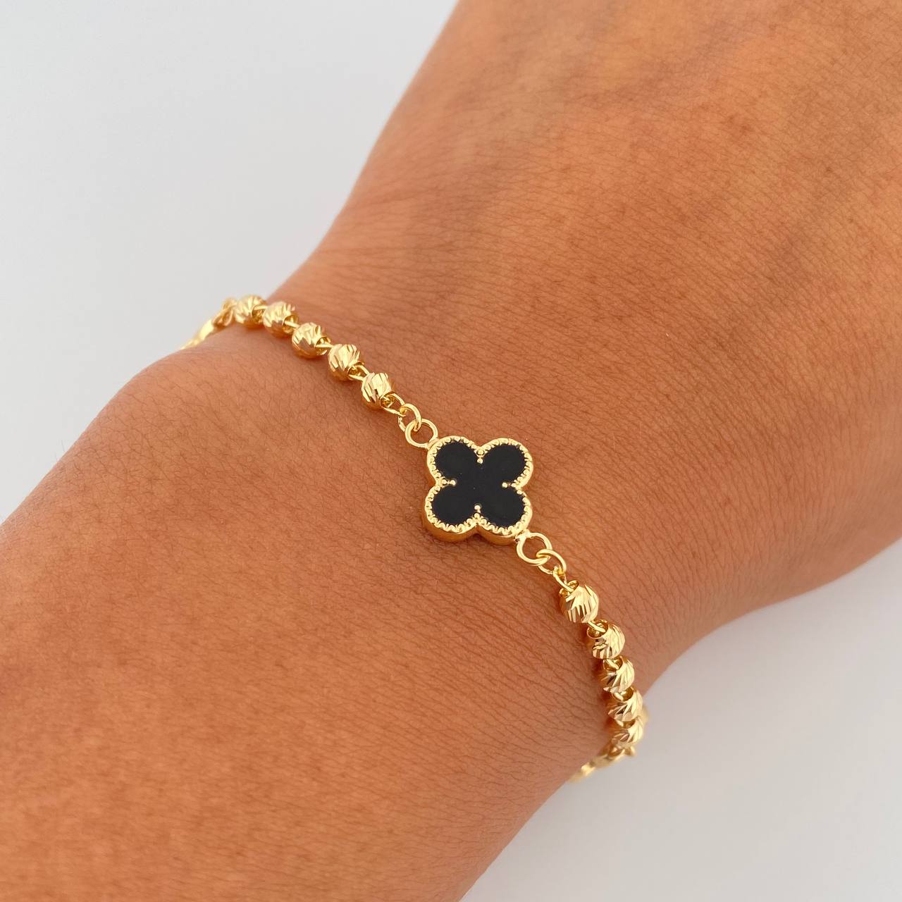 Bracelet Military Clover 4.25gr / 18.7cm / 3mm Beads Diamond Cut Electrostatic Black Yellow Gold 18K &
