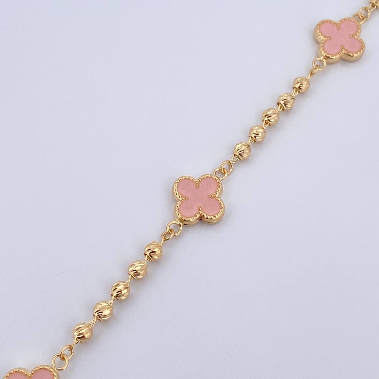 Bracelet Military Clover 4.15gr / 18.5cm / 3mm Beads Diamond Cut Electrostatic Pink Yellow Gold 18K &