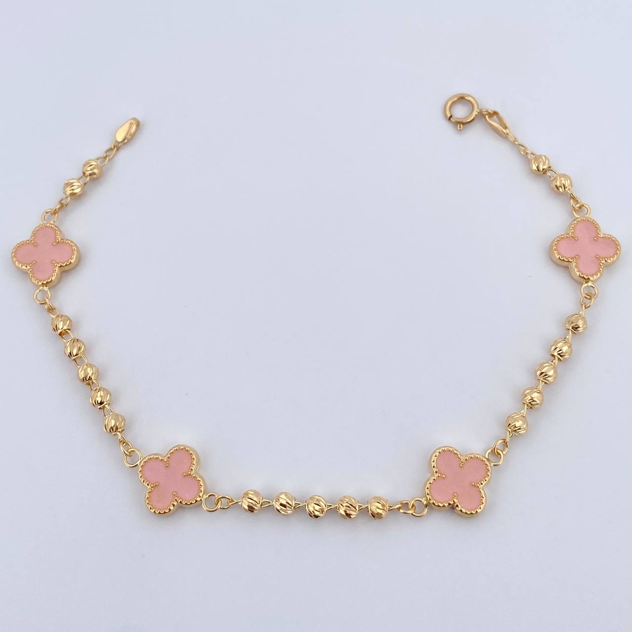 Bracelet Military Clover 4.15gr / 18.5cm / 3mm Beads Diamond Cut Electrostatic Pink Yellow Gold 18K &