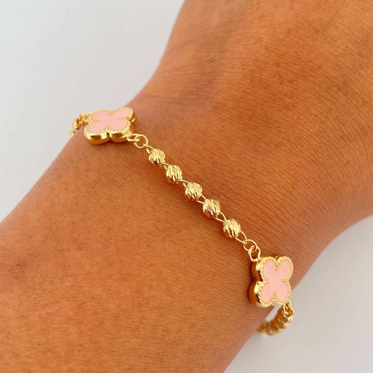 Bracelet Military Clover 4.15gr / 18.5cm / 3mm Beads Diamond Cut Electrostatic Pink Yellow Gold 18K &