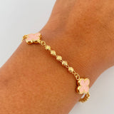 Bracelet Military Clover 4.15gr / 18.5cm / 3mm Beads Diamond Cut Electrostatic Pink Yellow Gold 18K &