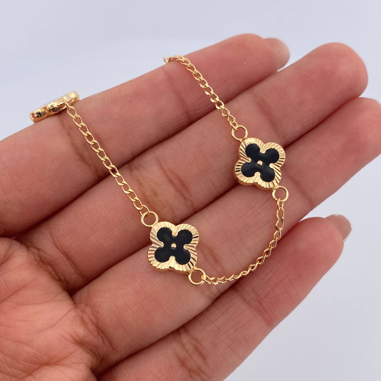 Bracelet Clover Spike 3.2gr / 18.5cm / 1.4mm Diamond Cut Electrostatic Black Yellow Gold 18K &