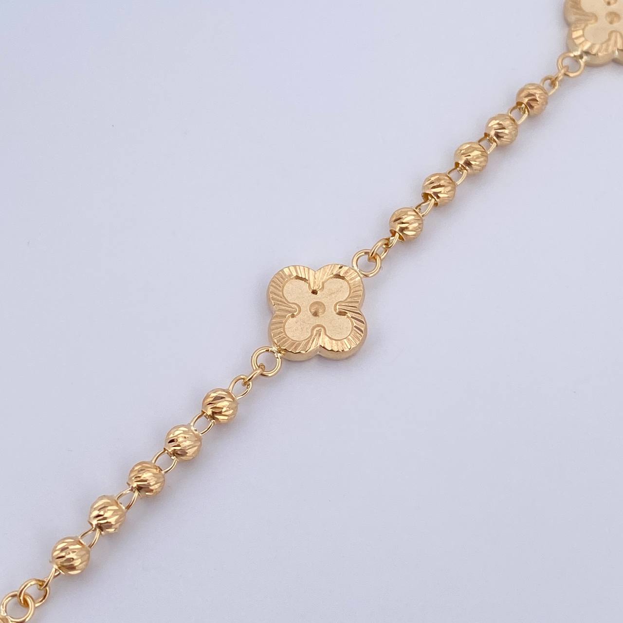 Pulso Trebol Militar 4.45gr / 19cm / 3mm Bolas Diamantadas Oro Amarillo 18K &