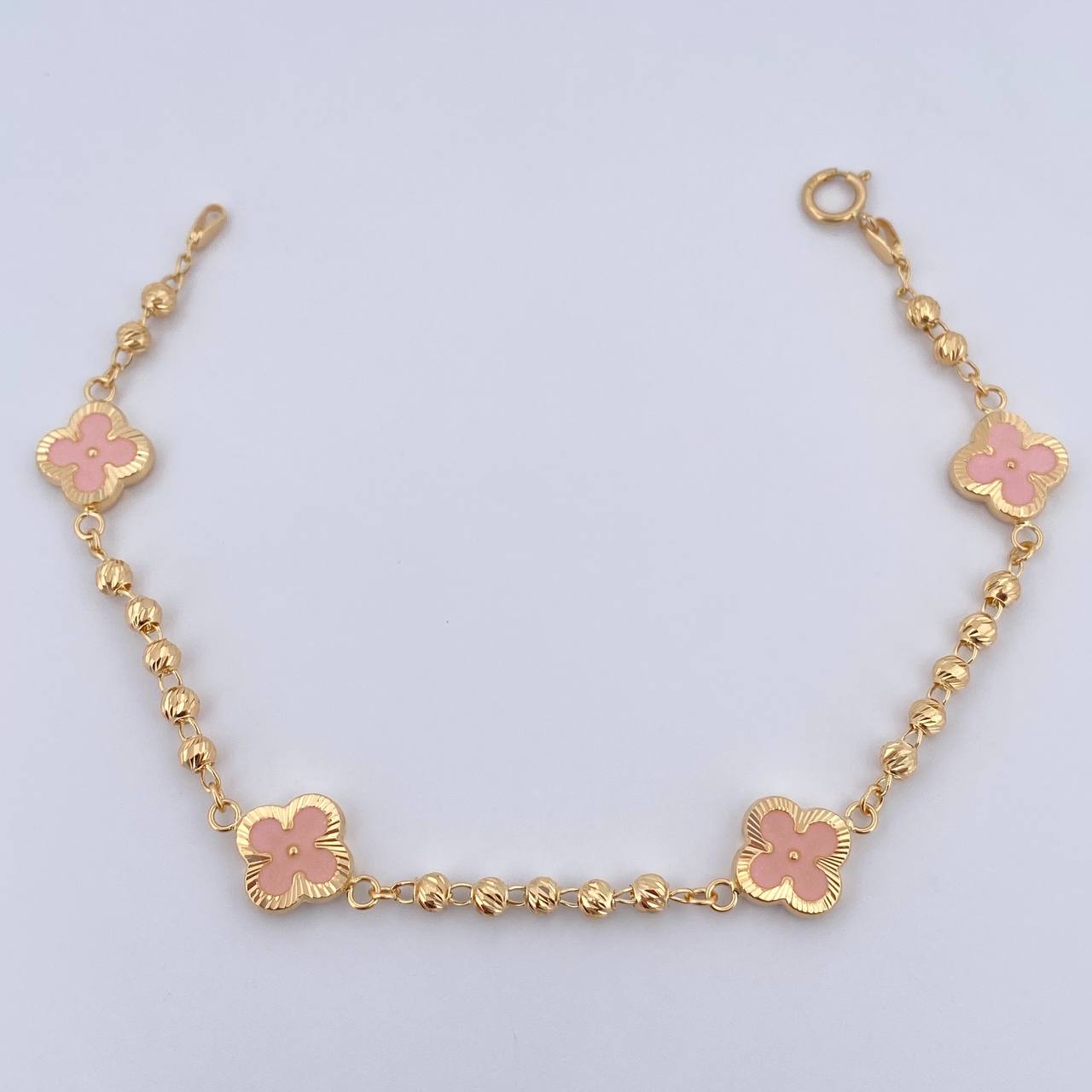 Pulso Trebol Militar 4.7gr / 18.7cm / 3mm Bolas Diamantadas Electroestatico Rosado Oro Amarillo 18K &