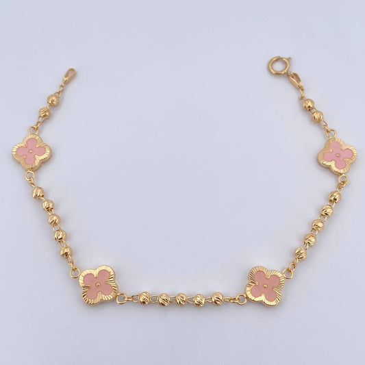 Pulso Trebol Militar 4.7gr / 18.7cm / 3mm Bolas Diamantadas Electroestatico Rosado Oro Amarillo 18K &