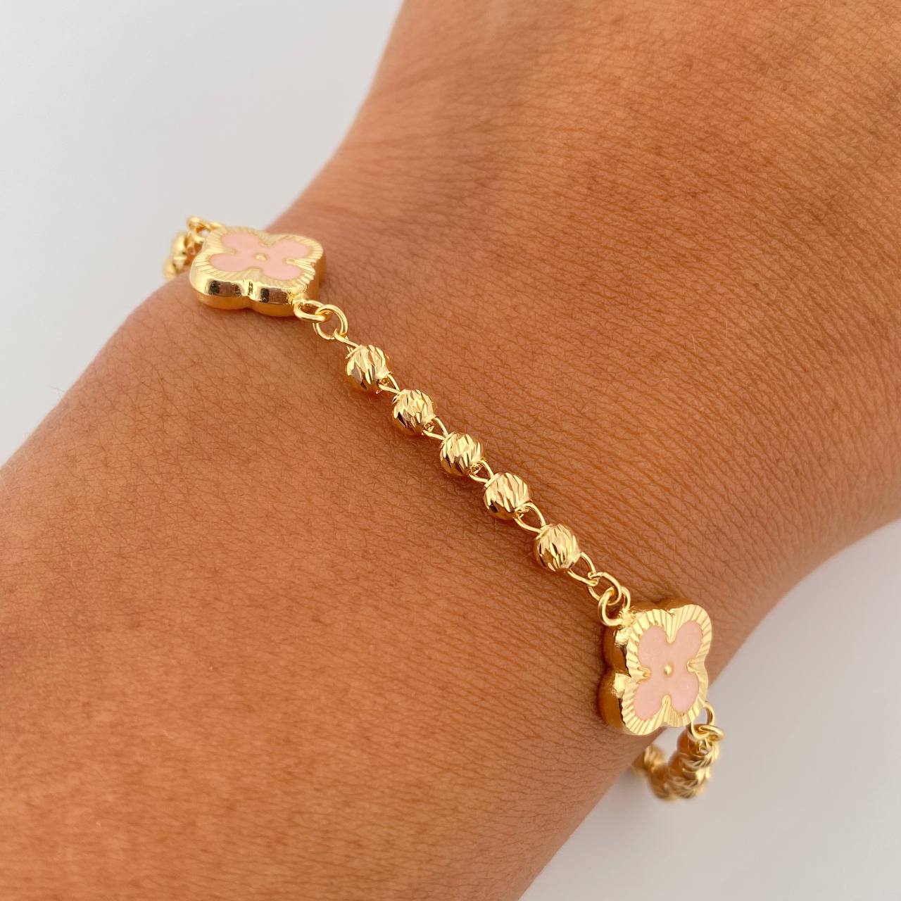 Pulso Trebol Militar 4.7gr / 18.7cm / 3mm Bolas Diamantadas Electroestatico Rosado Oro Amarillo 18K &