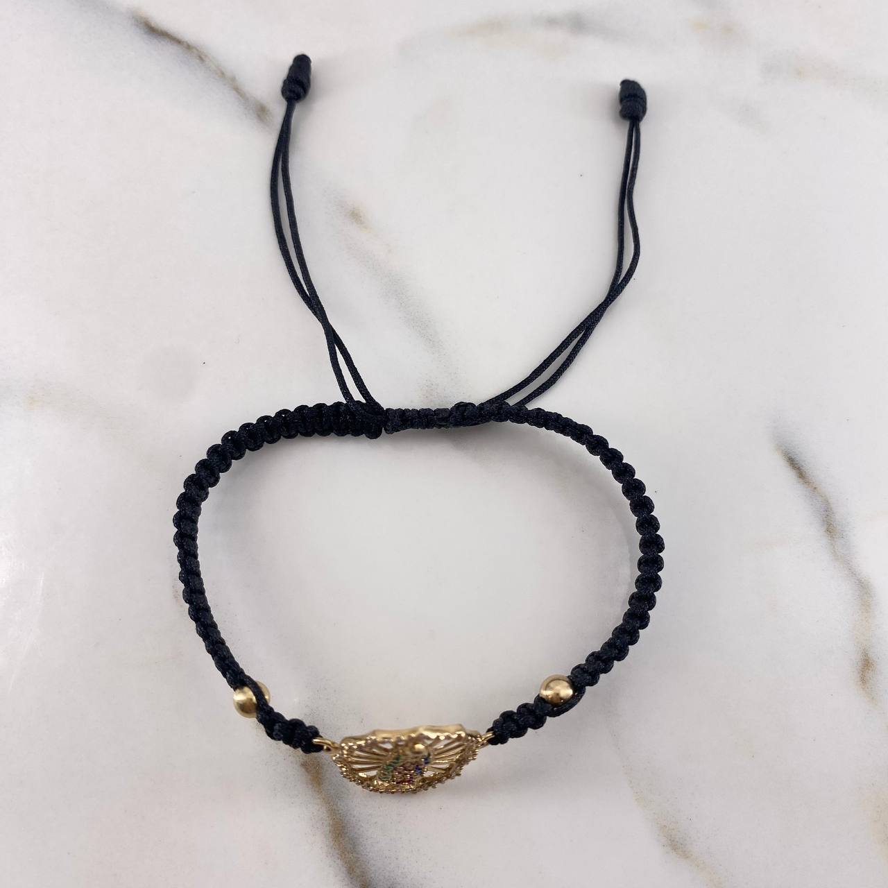 Pulsera Negra Herraje Virgen Guadalupe 2.15gr / 4mm Bolas Lisas Circones De colores Oro Amarillo 18K &
