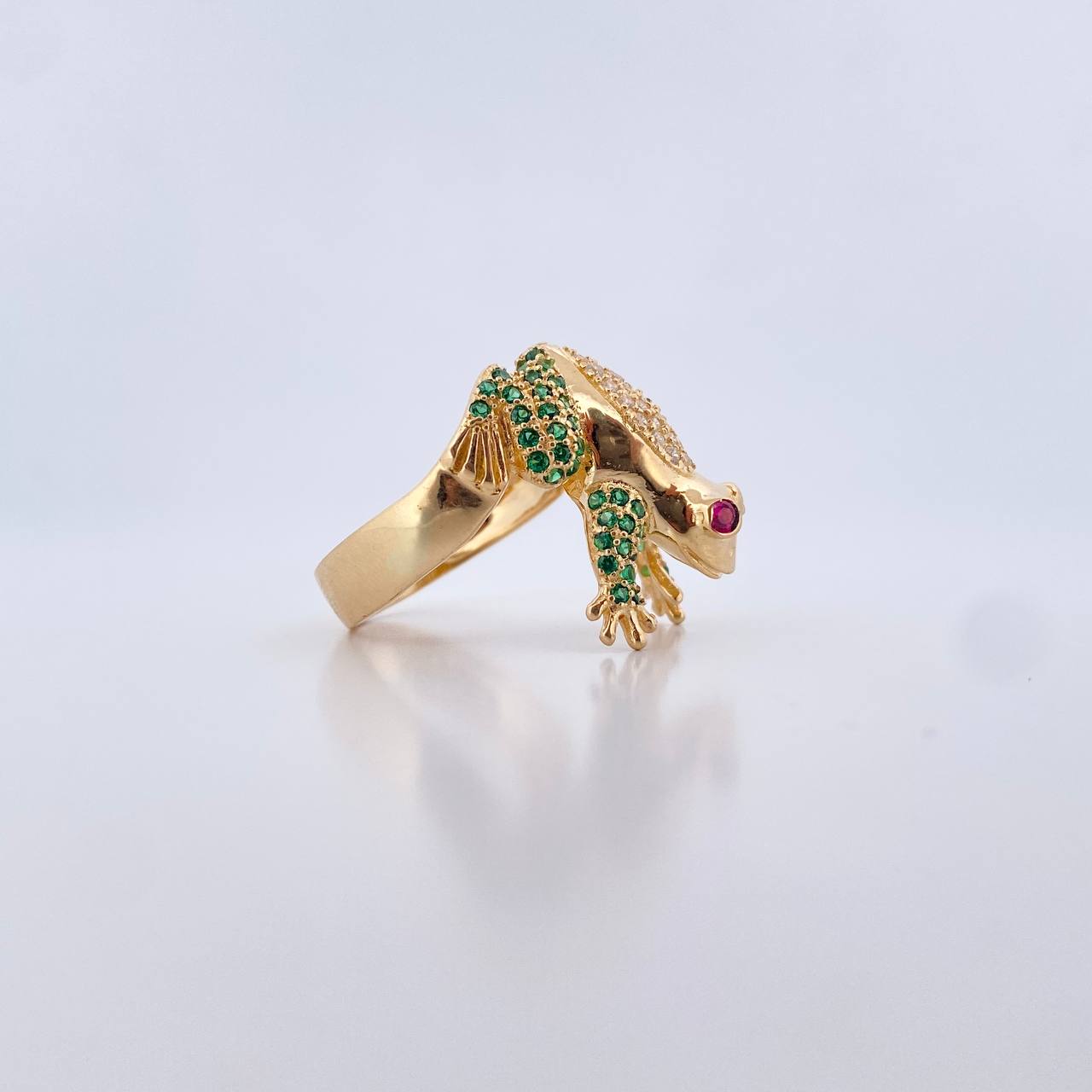 Frog Ring 7gr / Size 8 3/4 / Fuchsia, Green, White Zircons Yellow Gold 18K $