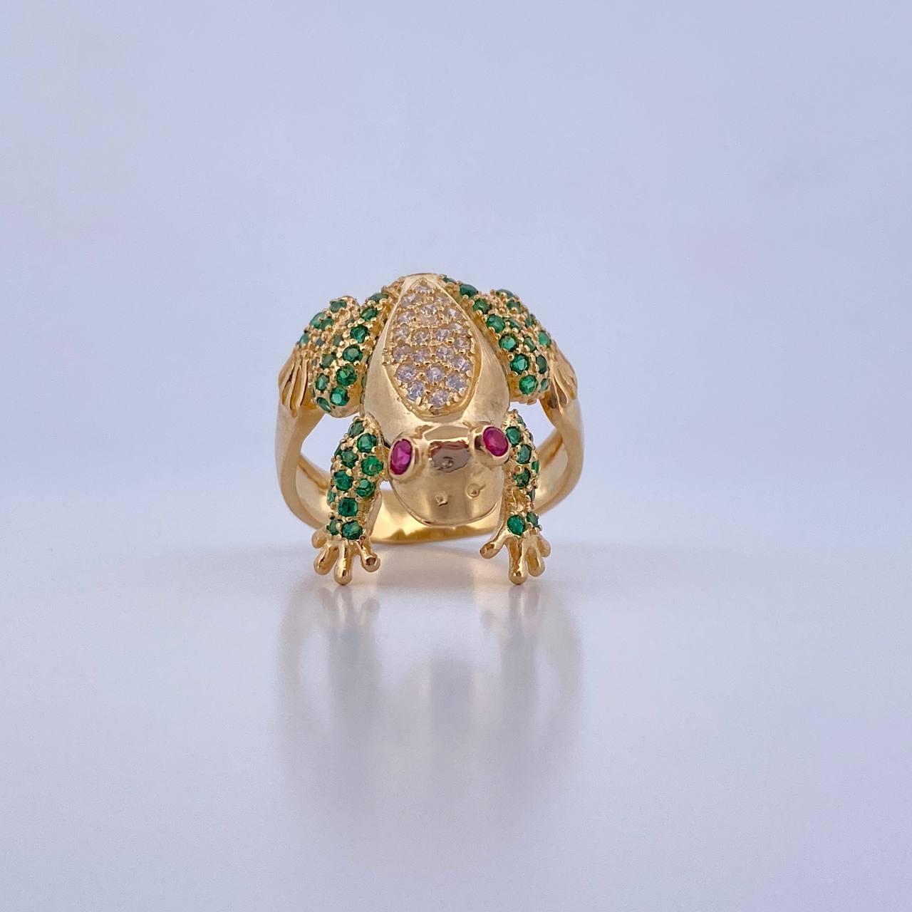 Frog Ring 7gr / Size 8 3/4 / Fuchsia, Green, White Zircons Yellow Gold 18K $