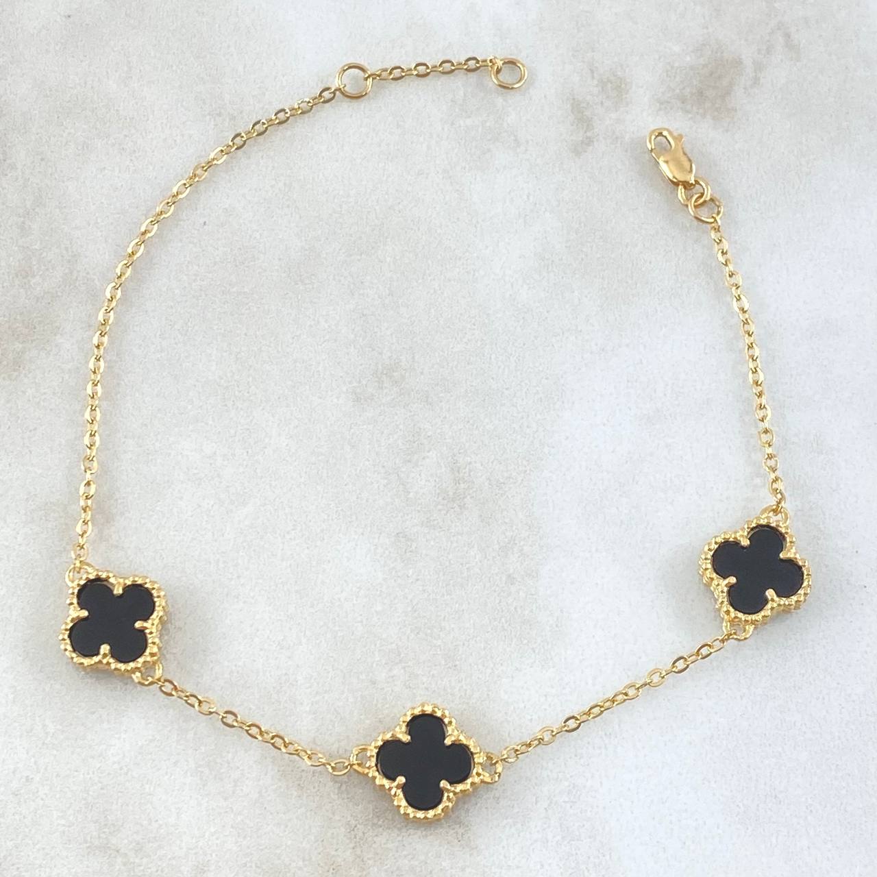Classic Link Bracelet Gradual VCyA Clover 4.45gr / 17cm-19cm / 1.5mm Black Onyx Dotted 3pcs 18K Yellow Gold