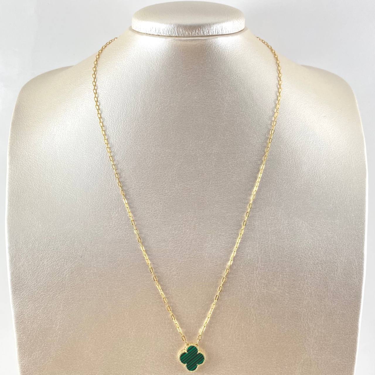 Cadena Aro Seguido Treból VCyA 4.1gr / 45cm / 1.8mm Malaquita Verde Punteado Oro Amarillo  18K ©