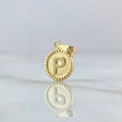 Dije Letra P Mate 0.55gr / 1.5cm / Circulo Cargador Bordeado Oro Amarillo 18K *