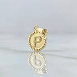 Dije Letra P Mate 0.55gr / 1.5cm / Circulo Cargador Bordeado Oro Amarillo 18K