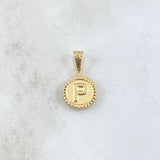 Dije Letra P Mate 0.55gr / 1.5cm / Circulo Cargador Bordeado Oro Amarillo 18K