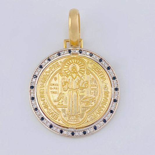Pendant Medal of Saint Benedict 8.1 g / 1 1/2 in Two-Tone Yellow White Gold 18K