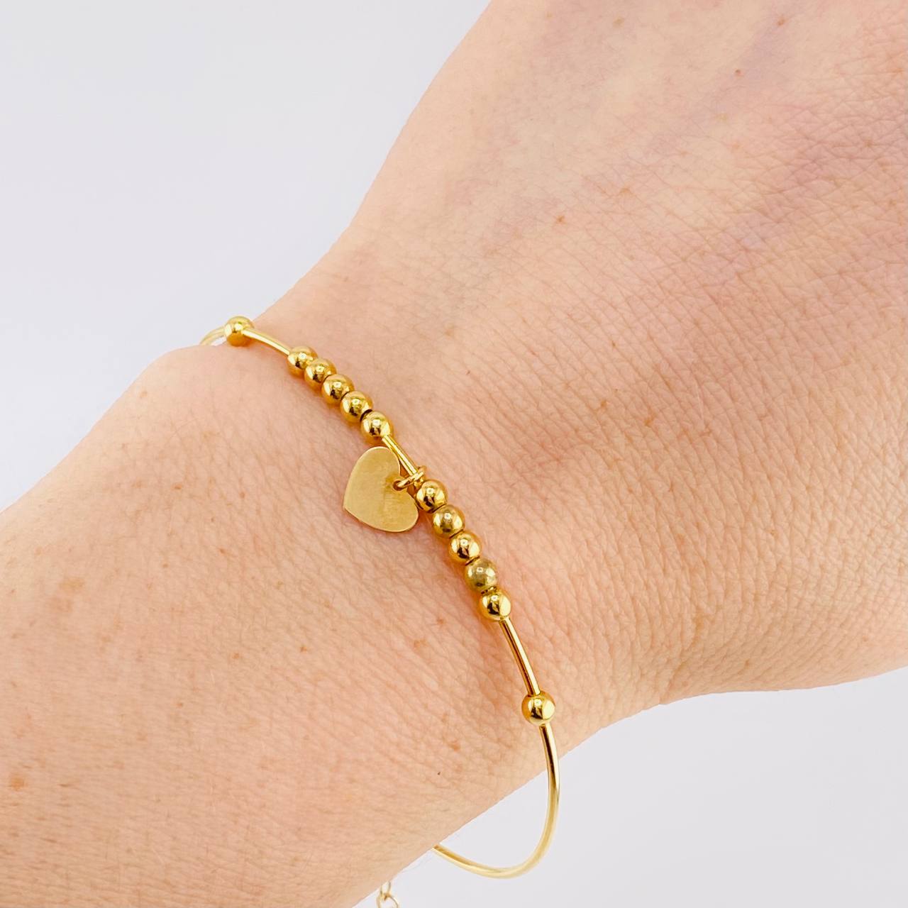 Bracelet Hoop Beads Heart Plate 3.8 g / 7 in / 3 mm Yellow Gold 18K