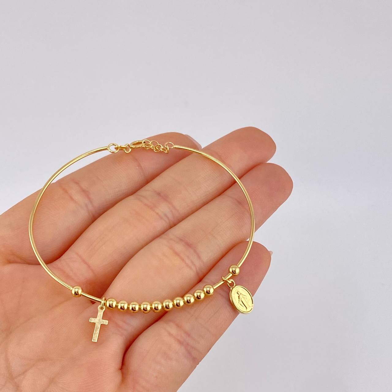 Pulso Aro Bolas Virgen Milagrosa 4.35 g / 7 1/4 in / 3 mm Oro Amarillo 18K
