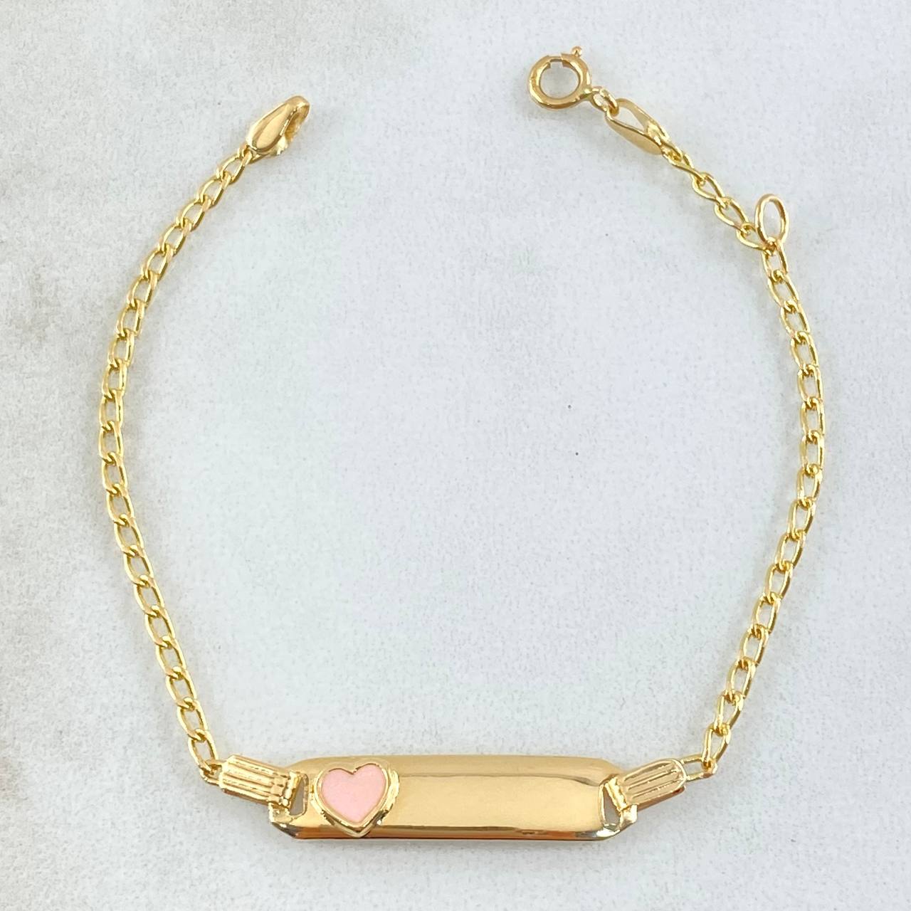 Pulso Bebé Espiga Placa Rectangular Corazon 1.75gr / 13cm-14cm / 1.6mm Resina Rosada Graduable Oro Amarillo 18K ©