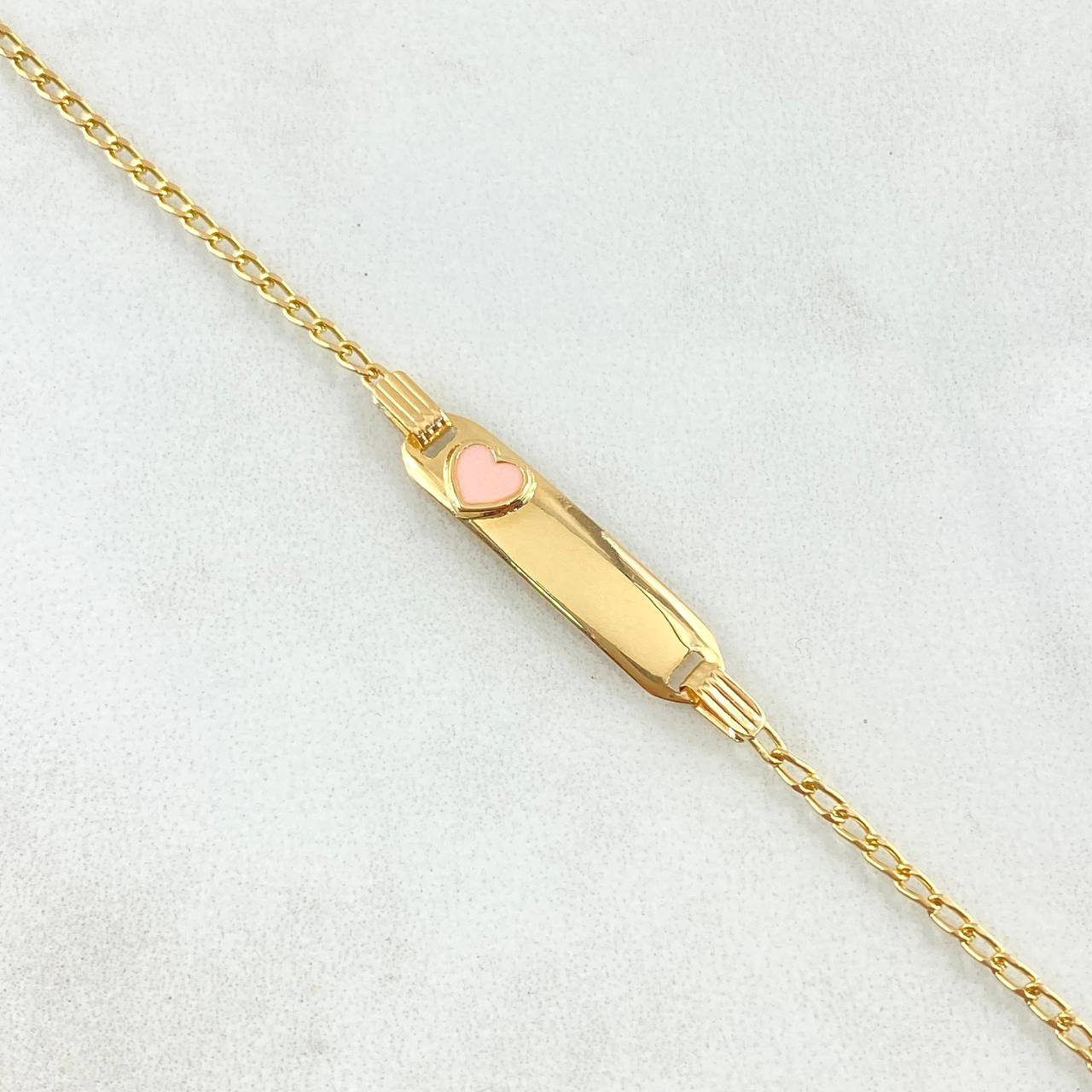 Pulso Bebé Espiga Placa Rectangular Corazon 1.75gr / 13cm-14cm / 1.6mm Resina Rosada Graduable Oro Amarillo 18K ©