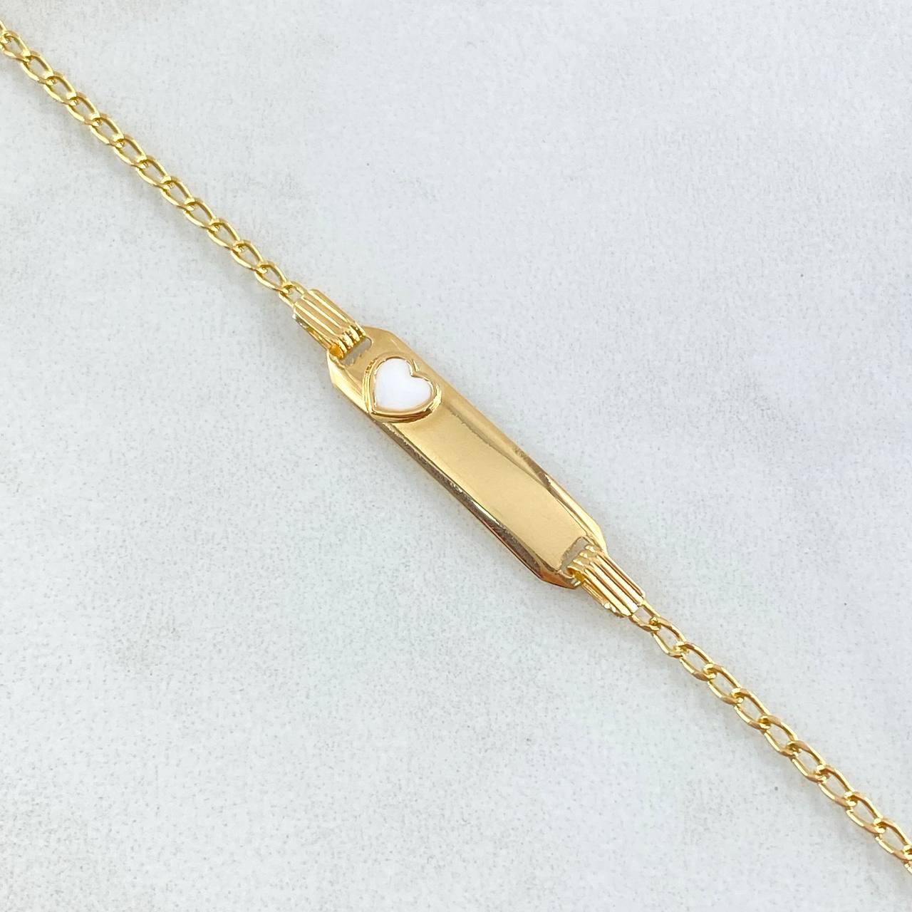 Pulso Bebé Espiga Placa Rectangular Corazon 1.8gr / 12cm-14cm / 1.6mm Resina Blanca Graduable Oro Amarillo 18K ©