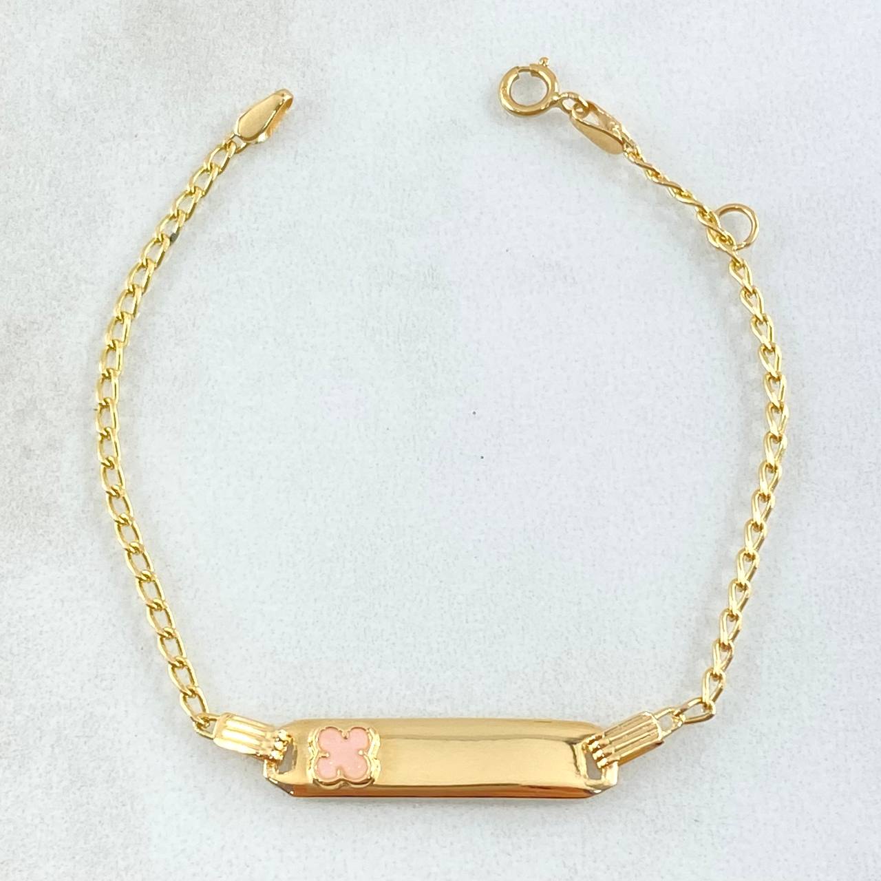 Bracelet Baby Spike Rectangular Plate Clover 1.8gr / 12cm-14cm / 1.6mm Pink Resin Adjustable Yellow Gold 18K *