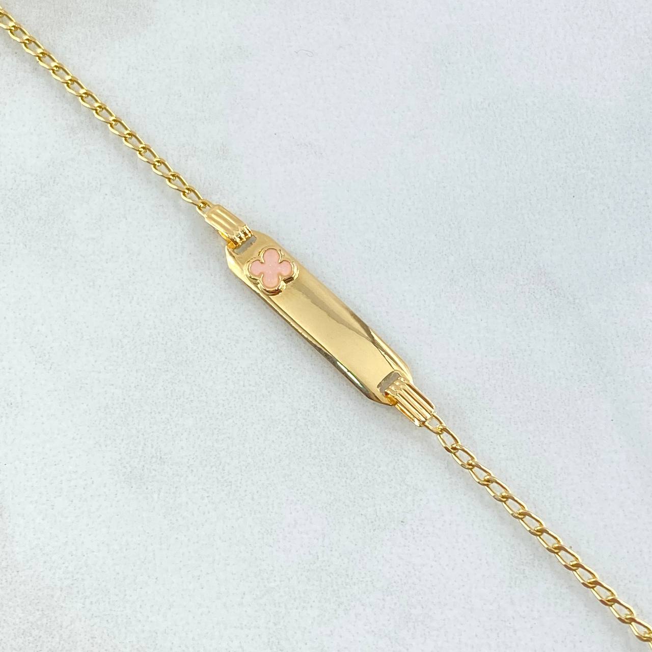 Bracelet Baby Spike Rectangular Plate Clover 1.8gr / 12cm-14cm / 1.6mm Pink Resin Adjustable Yellow Gold 18K *