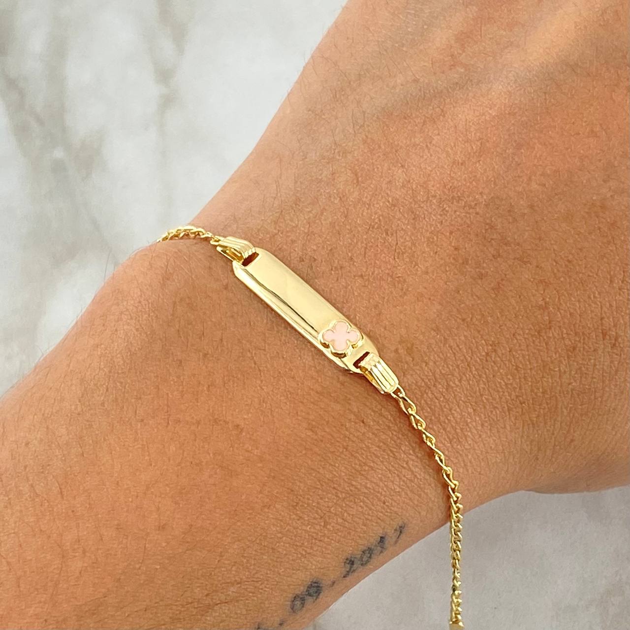Bracelet Baby Spike Rectangular Plate Clover 1.8gr / 12cm-14cm / 1.6mm Pink Resin Adjustable Yellow Gold 18K *