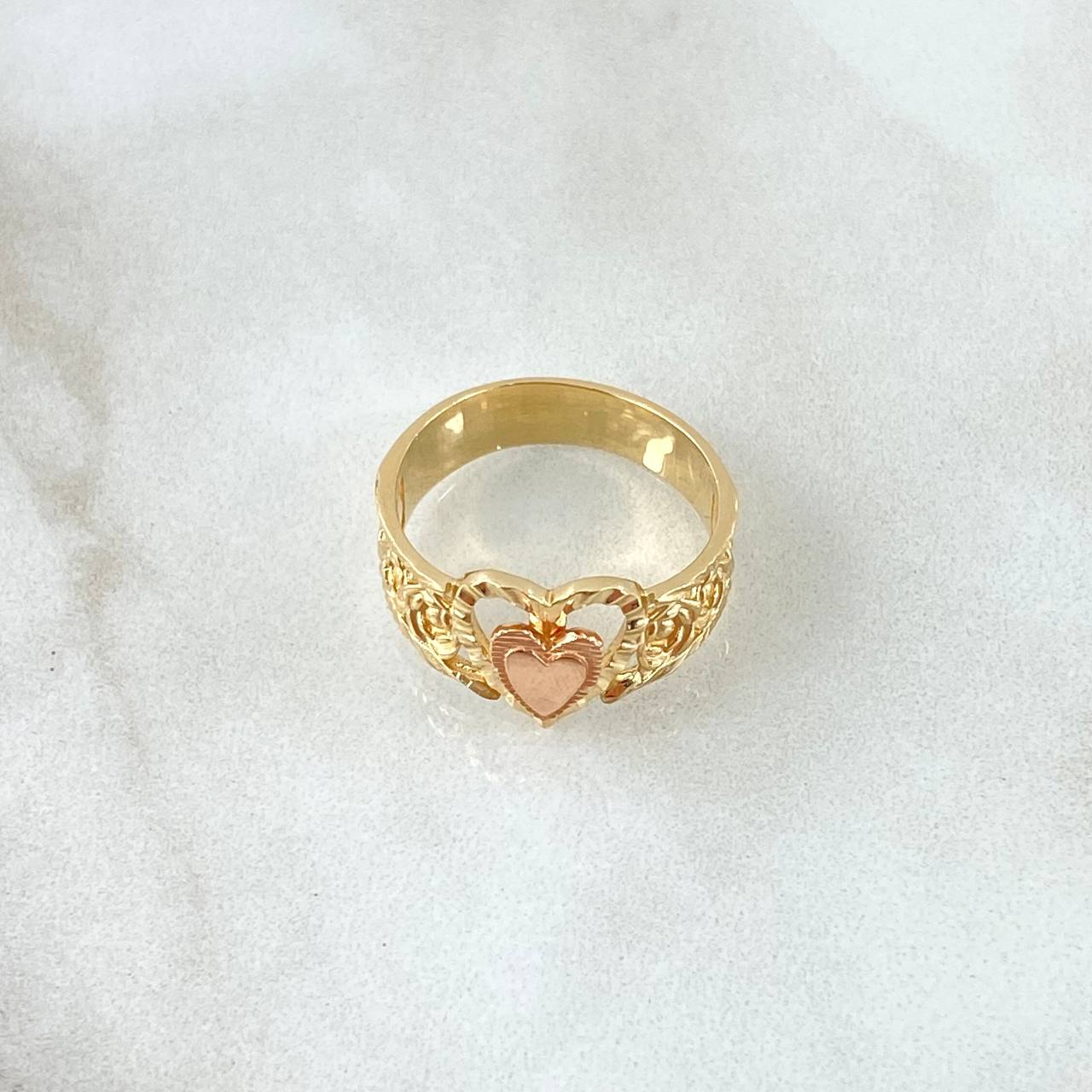 Anillo Rosas Corazon 3.2gr / T4 3/4 / Diamantado Dos Oros Amarillo Rosa 18K ©
