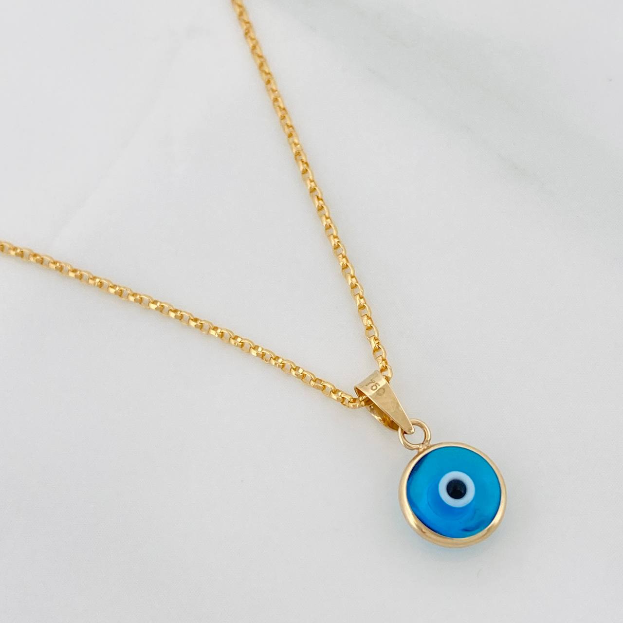 Set Cadena Rolo + Dije Ojo Turco / 2.25g / 18 in Oro Amarillo 18K
