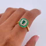 Dense Rectangle Ring 4.05gr / Size 6 1/4 / Emeralds 58 Pts Diamonds 12 Pts 18K Yellow Gold (Jewel) &