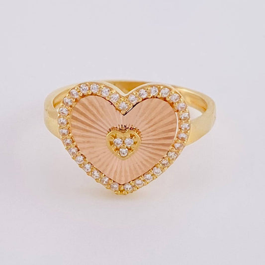 Anillo Corazón Diamantado Con Marco 2.9 g / T6 1/2 Dos Oros Amarillo Rosa 18K