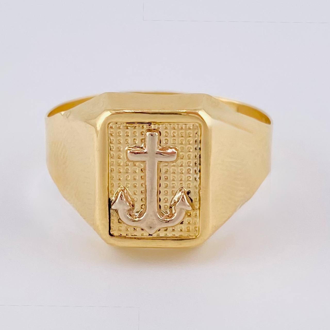 Anillo Sello Ancla Cuadrado 3.3 g / T10 1/4 Dos Oros Amarillo Blanco 18K