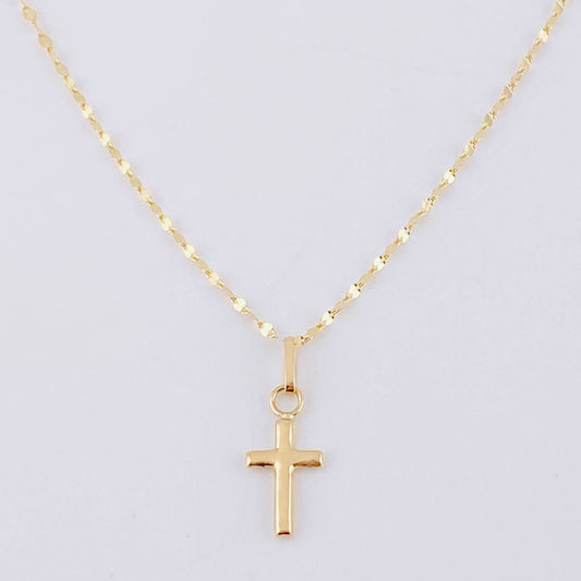 Set Cadena Flor Espejo + Dije Cruz Lisa / 1.05gr / 17 3/4 in Oro Amarillo 18K